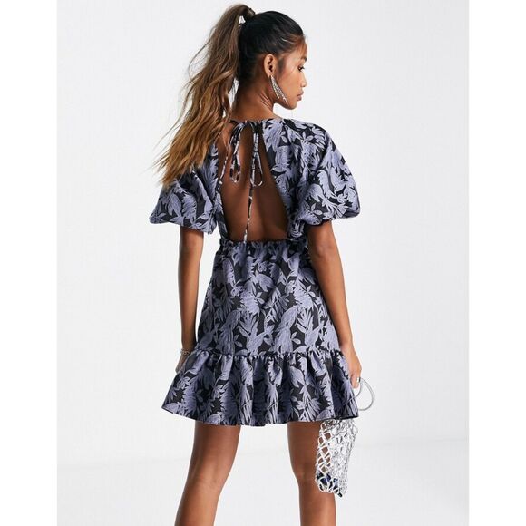 NWT Topshop Jacquard Puff Sleeve Mini Dress Blue Floral Open Back US 12 UK 16 - Picture 2 of 14